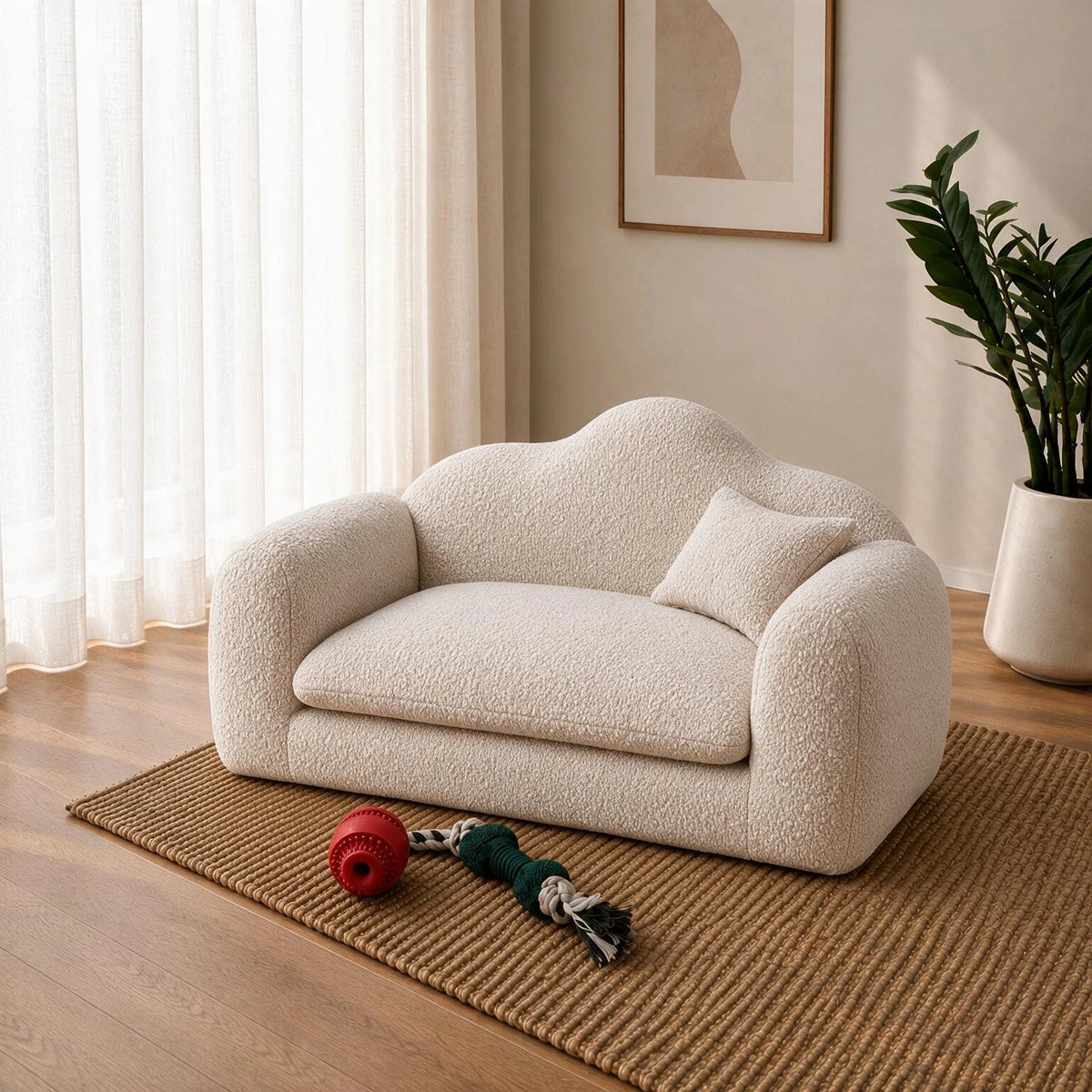 A small cream bouclé sofa with rounded arms and a matching cushion, styled in a bright living room on a woven rug with a plant and dog toy nearby.