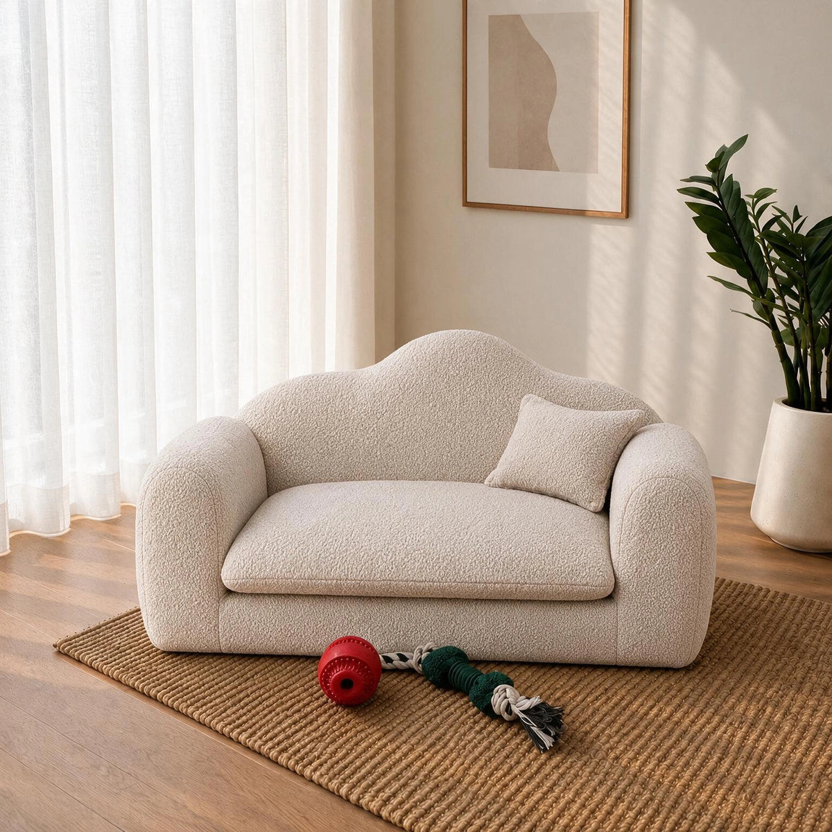 A small cream bouclé pet sofa with a matching cushion and a curved back, styled in a bright room on a woven rug with a plant and dog toy nearby.