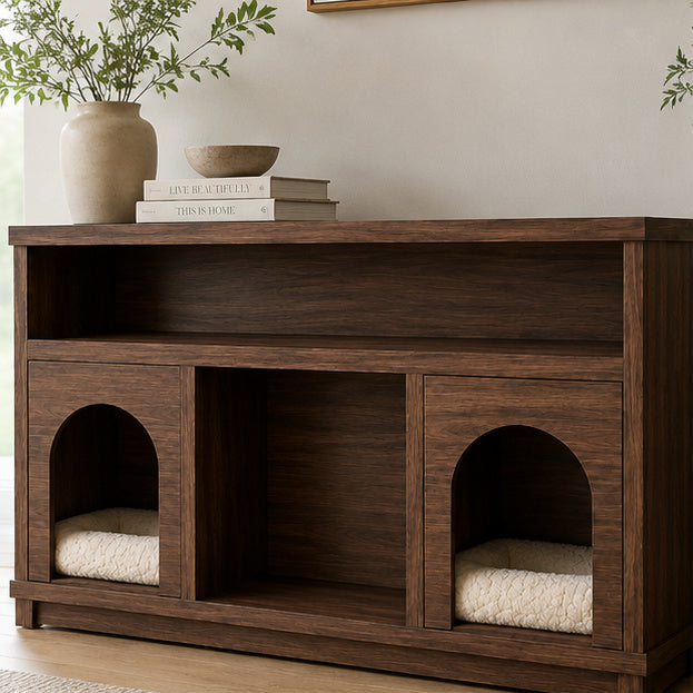 Twin Arch Pet Retreat Console with Display Shelf - Walnut