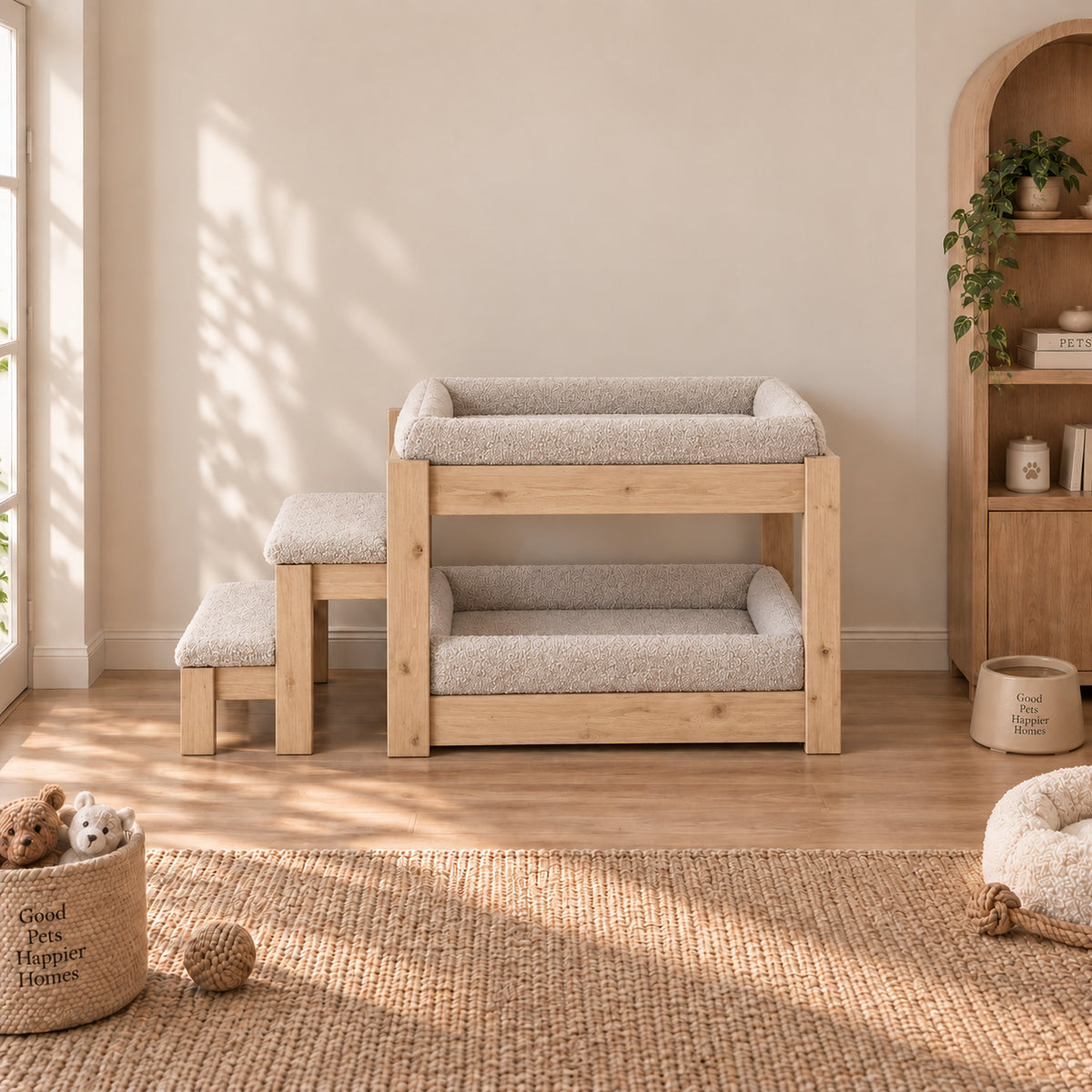 Two-Tier Wooden Pet Bunk Bed with Steps