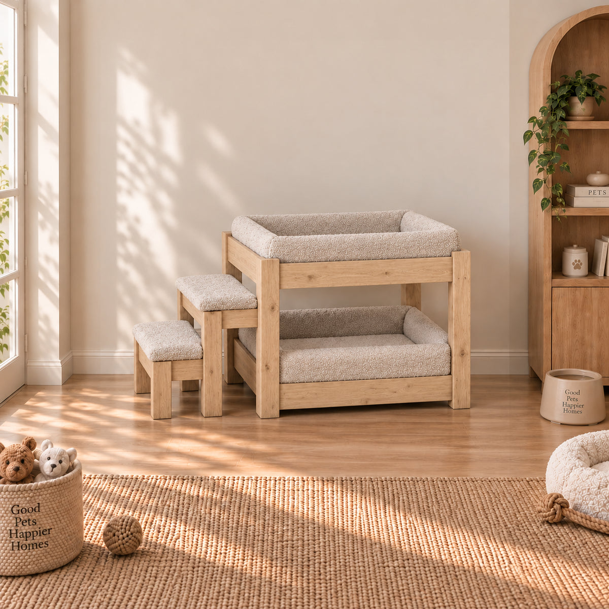 Two-Tier Wooden Pet Bunk Bed with Steps